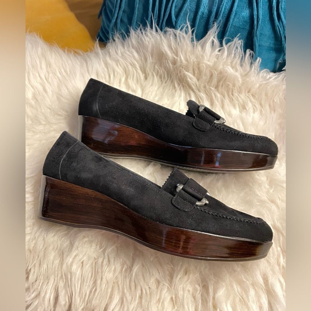 NEW Stuart Weitzman Black Suede Wedge Loafers Sz 10 - Picture 6 of 9